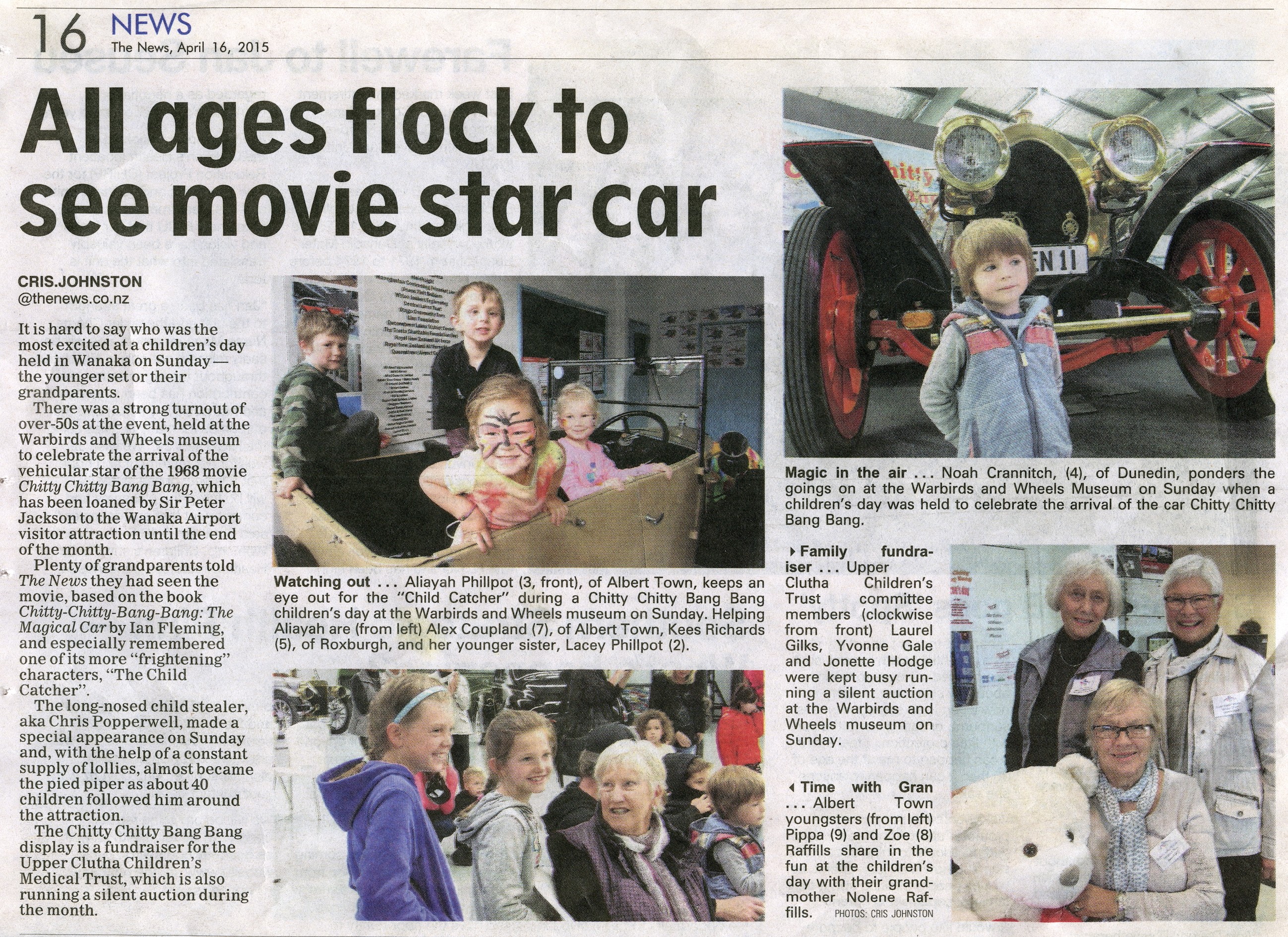 Newspaper story on the contribution to and benefit from the Warbirds and Wheels Chitty Chitty Bang Bang Event